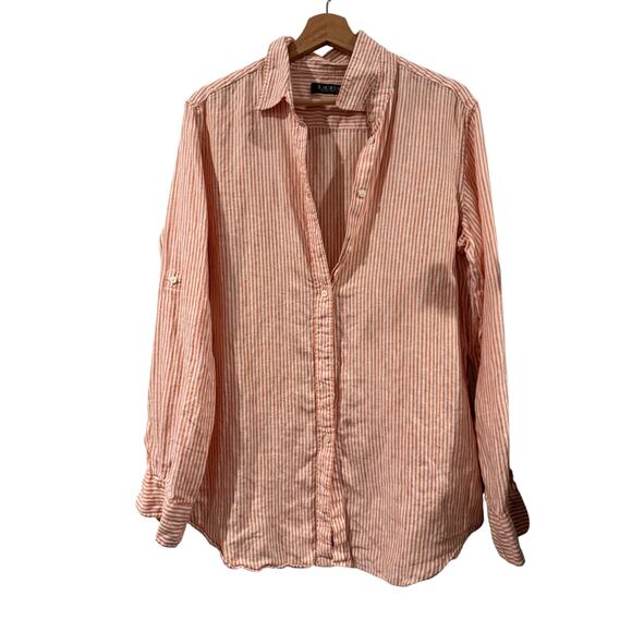 Lauren Ralph Lauren Black Label Orange Striped Linen Button Down Large - Picture 2 of 5